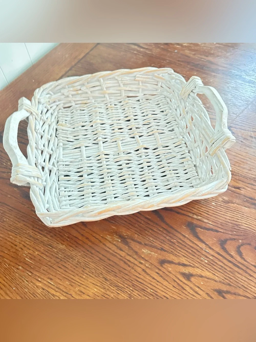 Square wicker tray basket with wood handles